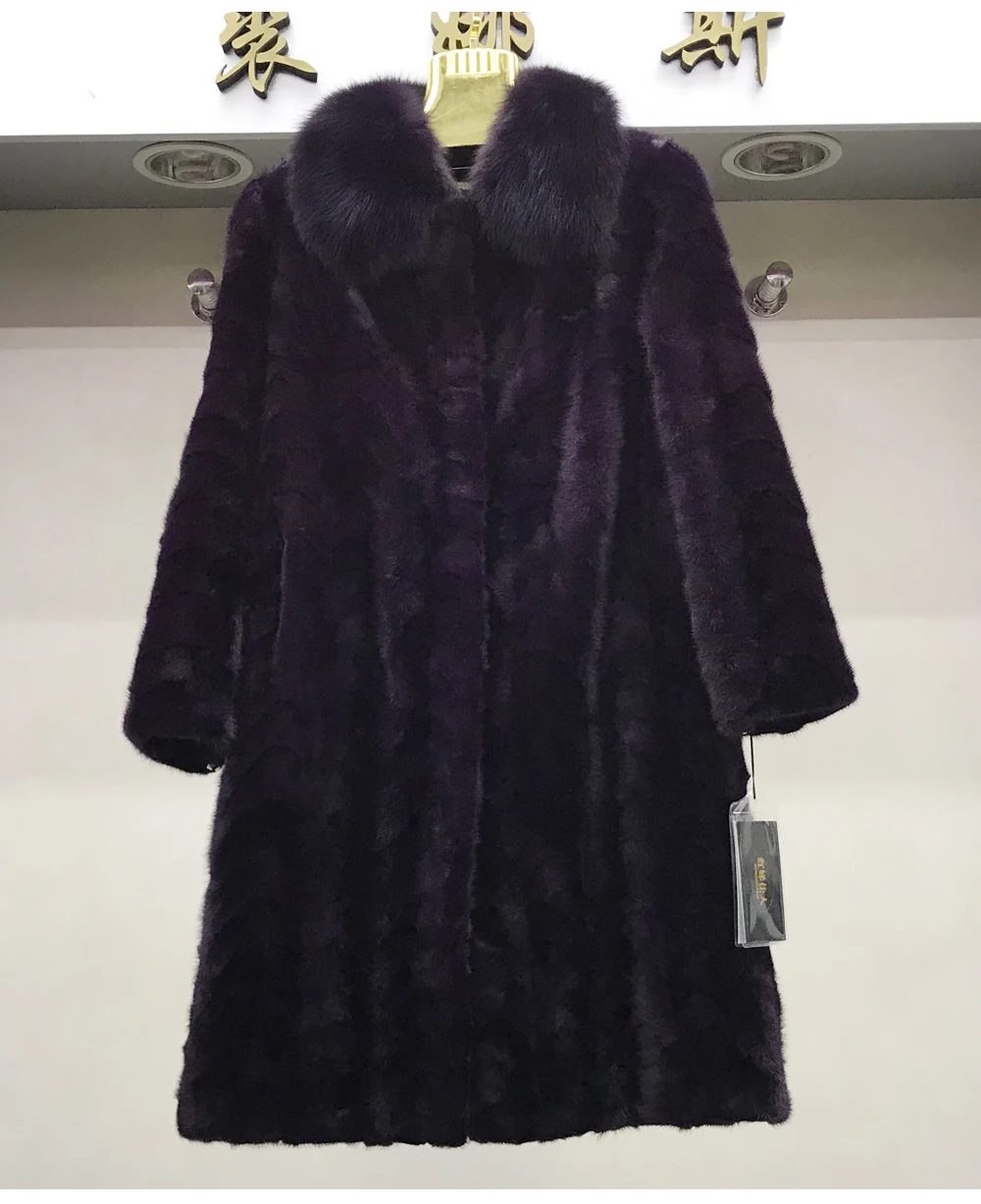 New Fashion Women Winter Handmade Real Mink Fur Coats Lady Thick Warm Long Natural Mink Fur Overcoats With Fox Fur Collar Coat