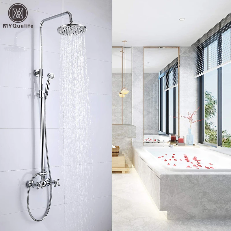 Wall Mount Shower Faucet Rainfall 8" Brass Shower Head Bathroom Shower Mixer System Dual Handle Chrome Shower Mixer Tap