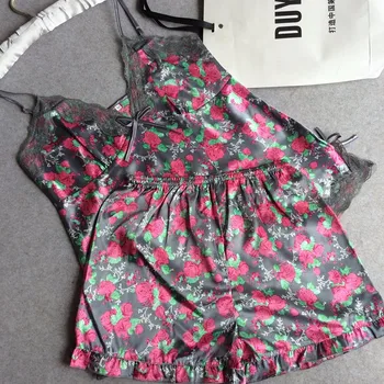 

Printed Pajamas Set Spaghetti Strap&Short Sexy Women Summer nachtmode Satin Pants V-neck Sleepwear Suit Lace Nightgown