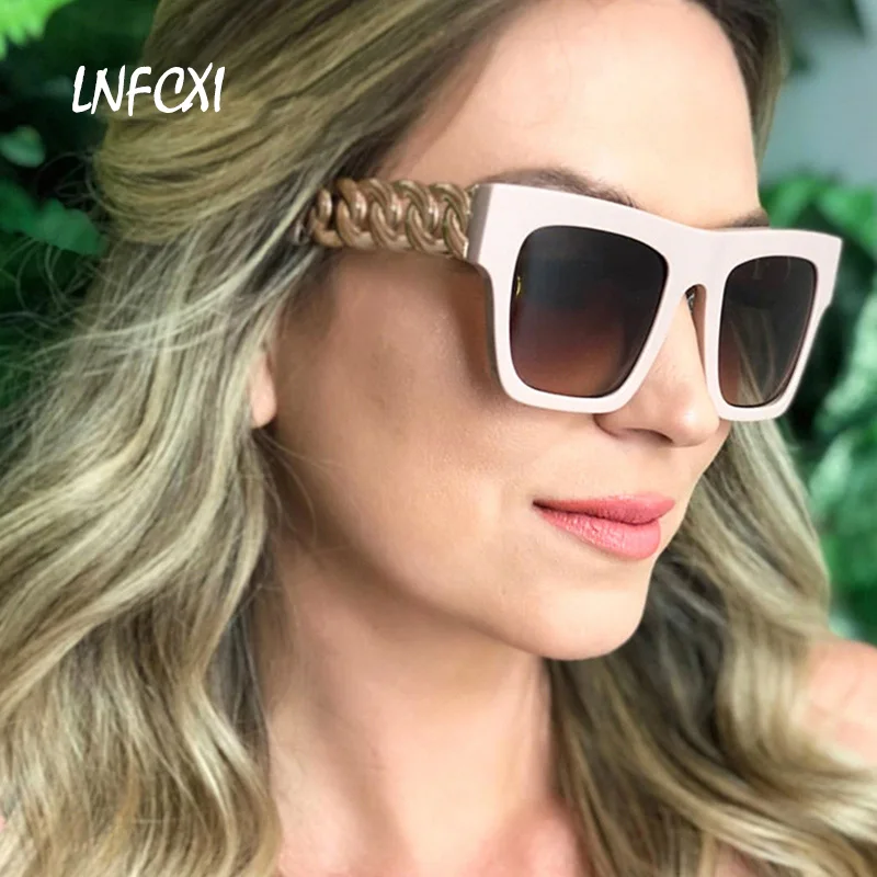 LNFCXI рисовый гвоздь негабаритных прямоугольных солнцезащитных очков женские металлические цепи руки Модные мужские квадратные оттенки