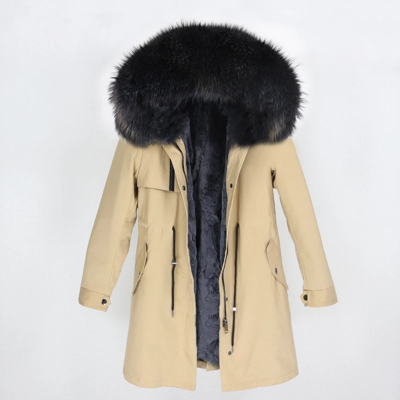 beige grey OFTBUY новая парка зимняя куртка женская шуба из натурального меха енота меховой капюшон, воротник из натурального кроличьего лайнера теплая тонкая верхняя одежда - Цвет: beige grey