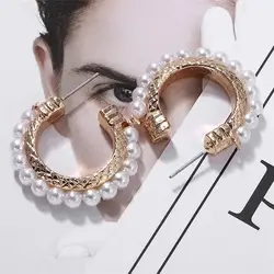 Женские серьги-кольца ювелирные изделия для девочек круглые серьги с белыми жемчужинами из нержавеющей стали большие кольцевая Петля