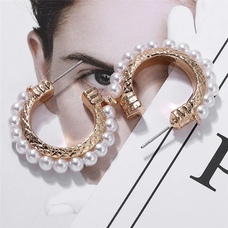 

Women Girls Jewelry Hoop Earrings Round White Pearl Earring With Stainless Steel Pin Big Circle Loop Earrings
