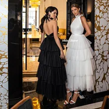 

Elegant High Quality Evening Dress A-Line Halter Neck Sleeveless Tiered Tulle Sexy Backless Belt Celebrity Gown Prom Party Wear