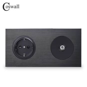 

Coswall Luxurious Aluminum Metal Panel Black EU Standard Wall Socket + 1 Gang Female TV Connector 172*86mm R12 Series