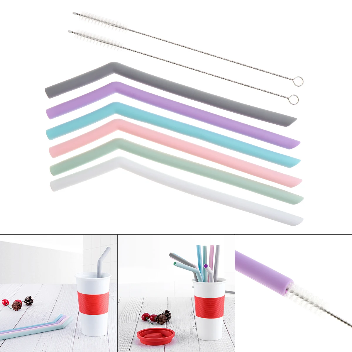 

6pcs/set Universal Reusable Flexible Multi-colored Curved Silicone Drinking Straws with Cleaning Brushes