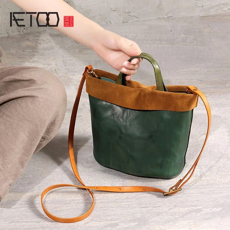 

BJYL Original design female bag female bucket bag new art leather retro vegetable tanned leather portable Messenger