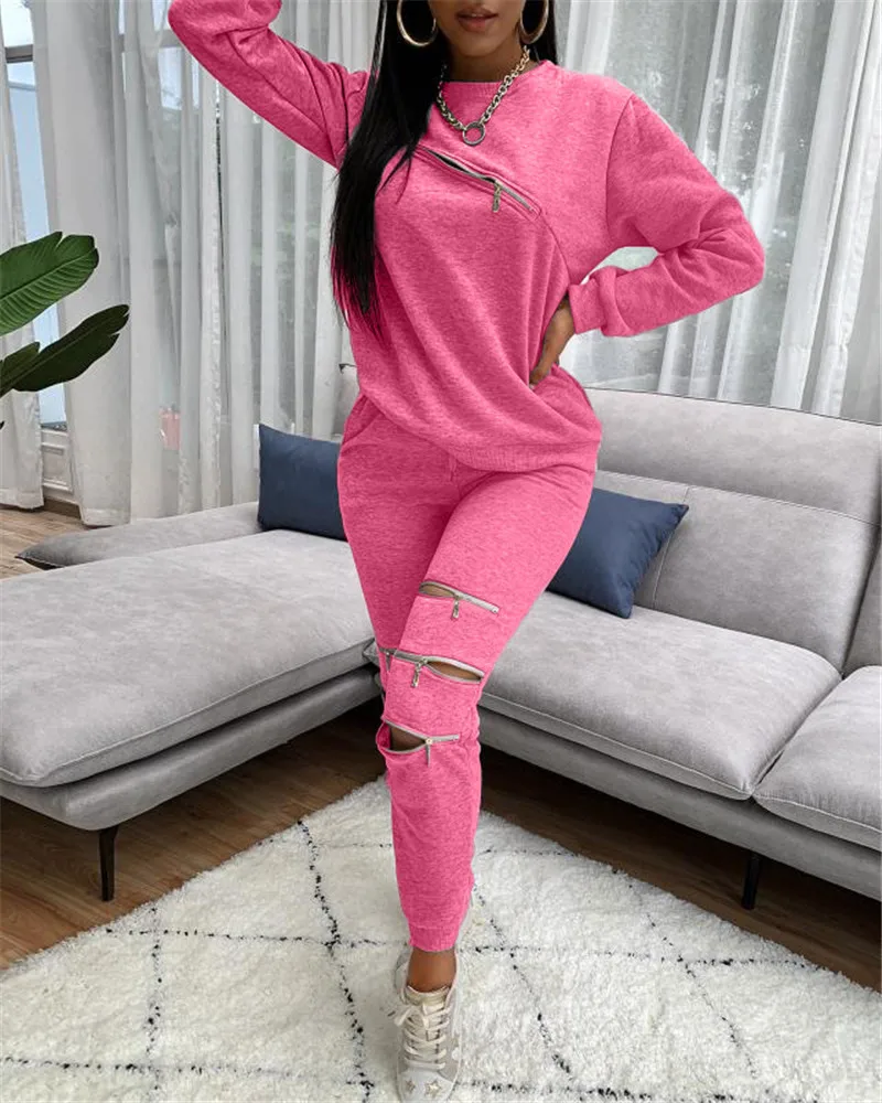 

Sportwear Zipper Fly Hole Sweatsuit Women's Set Sweatshirt Jogger Pants Set Active Tracksuit Two Piece Fitness Outfits