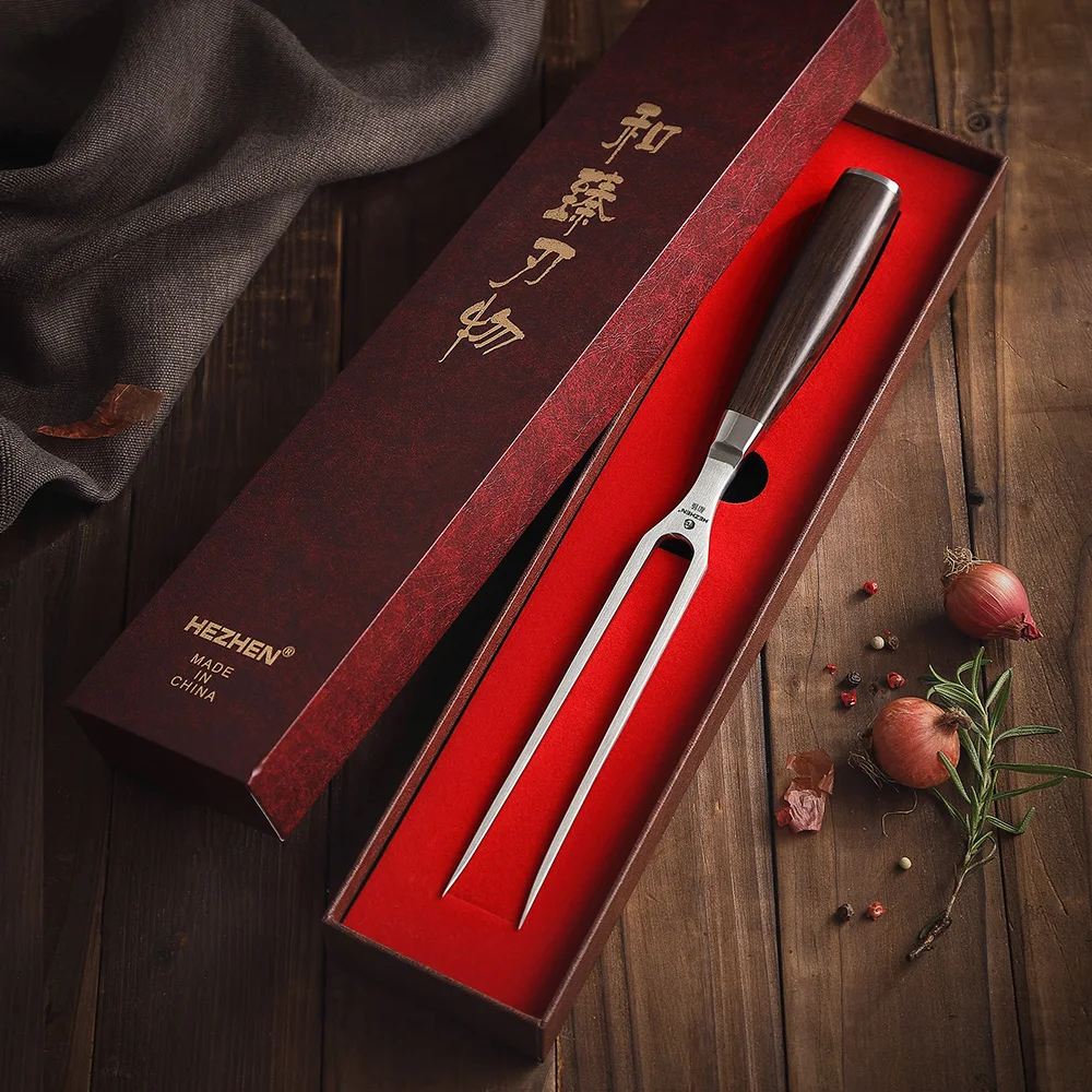HEZHEN Classic Series Forged Carving Fork Outdoor Barbecue Tool BBQ Meat Fork Kitchen Tools Ebony Handle Gift box Barbecue