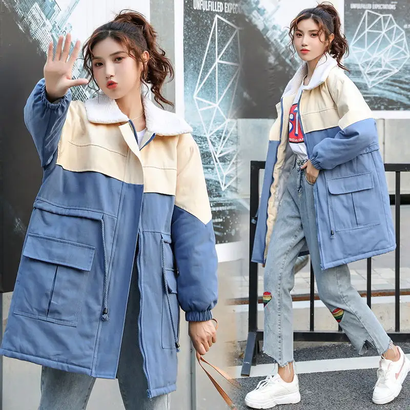 

2019 New Style Winter Cotton-padded Clothes Women's Korean-style Loose-Fit Printed Mid-length Workwear Popular Retro Hooded over