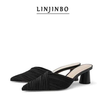 

Pointed Toe Mules Slippers Women Folds Design High Heel Sandals Women 2020 Summer Fashion Elegance Slip-On Zapatillas Mujer