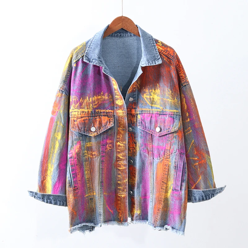 

2020 Autumn Fashion Contrast Color Denim Jacket Women Harajuku Gradient Graffiti Jeans Jacket Loose Outerwear Female Streetwear