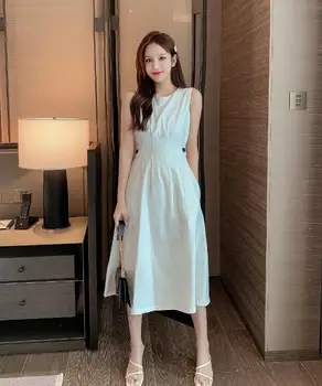 

Without sleeve dress for women summer Simple temperament French collect waist fashion Pure sweet lovely elegant Ladies' dresses