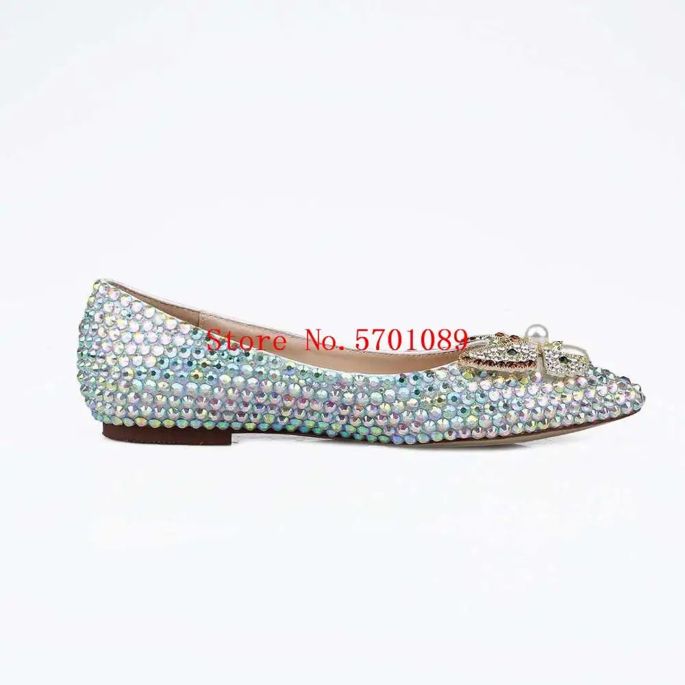 

Pointed Toe Bridal Shoes Colorful Rhinestone Flats Crystal Wedding Shoes Princess Slip On Bow-knot New Handmade Flat beads shoes