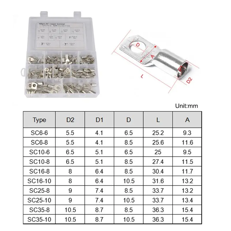 

100Pcs Bolt Hole Tinned Copper Cable Lugs Battery Terminals Set Wire Terminals Connector