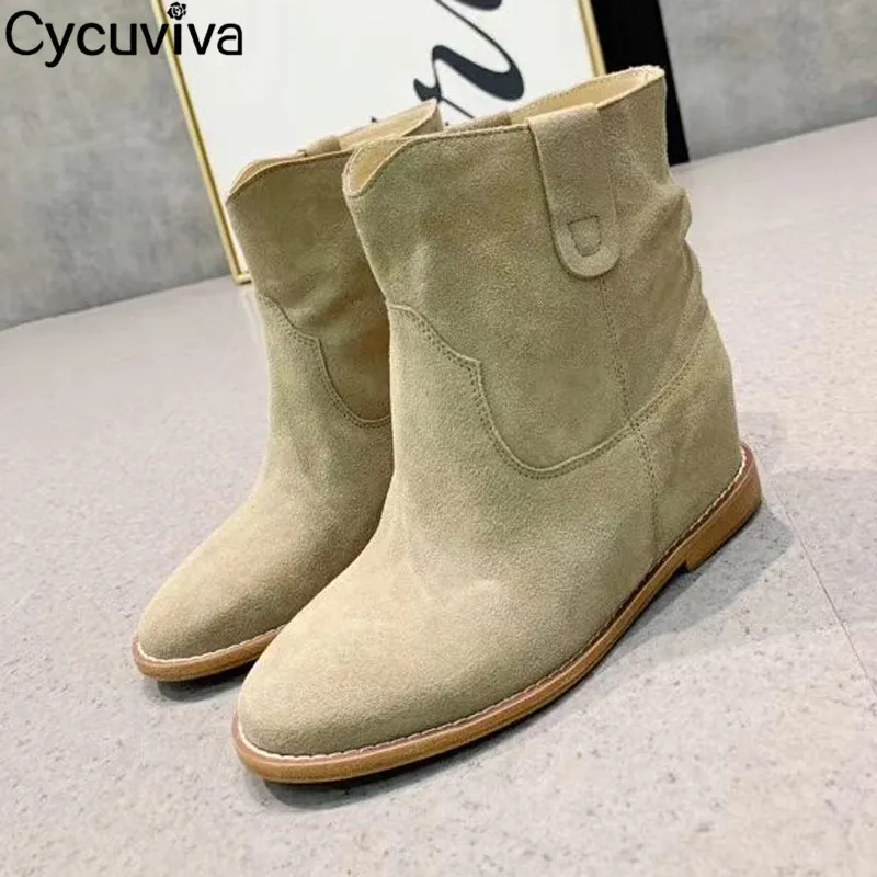 

Classcial Increase Heel Wedge Boots Women Flats Round Toe Genuine Leather Winter Shoes For Women Slip On Platform Ankle Boots