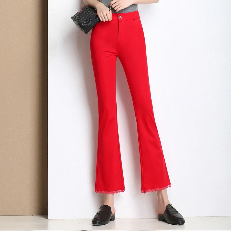 Женские весенне-летние повседневные брюки клеш, Pantalon, женские кружевные лоскутные офисные женские брюки длиной до щиколотки - Цвет: red