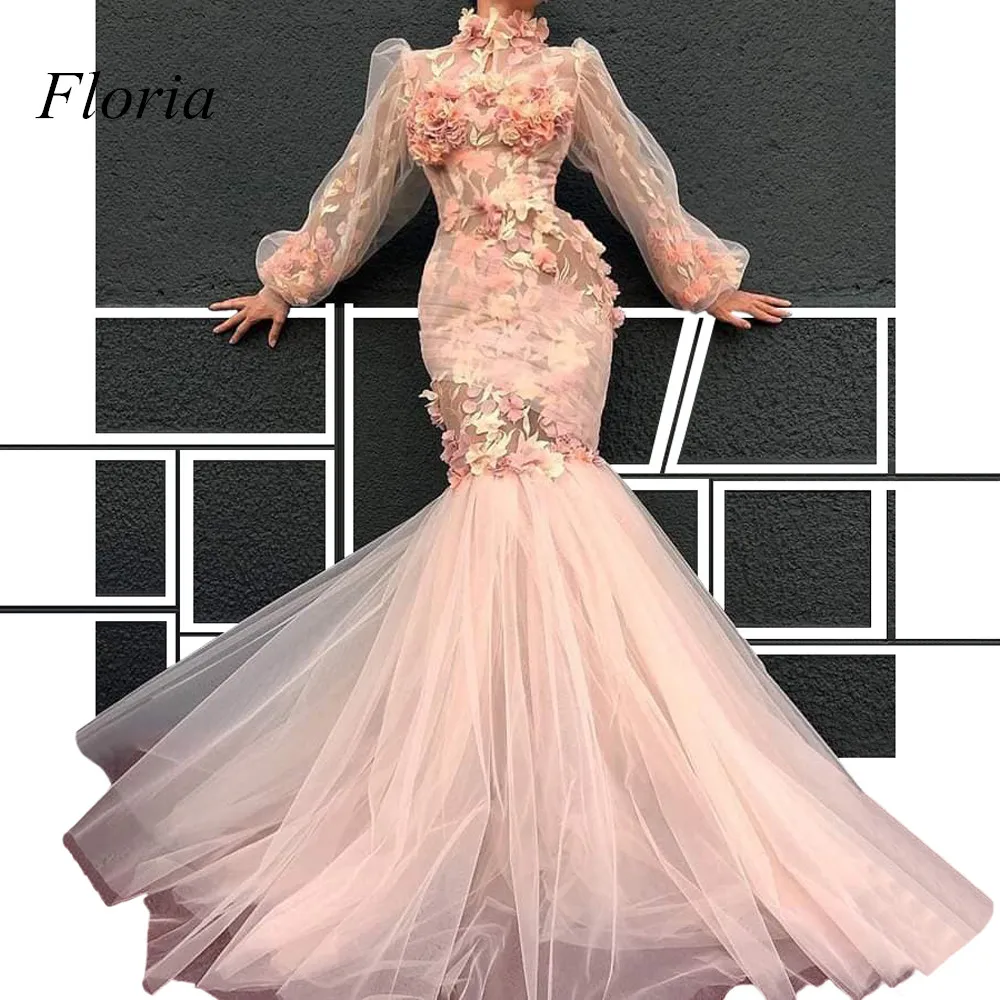 New Arrival Muslim Formal Evening Dresses High Neck Illusion Flowers Prom Party Dress Long Sleeves Robe De Soiree Abendkleider | Свадьбы и