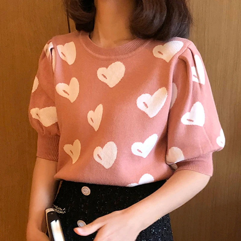 shintimes Tee Shirt Femme Hit Color Knitted T Shirts Women 2022 Summer Sweet Patchwork Puff Sleeve Tshirt Woman Vetement Femme