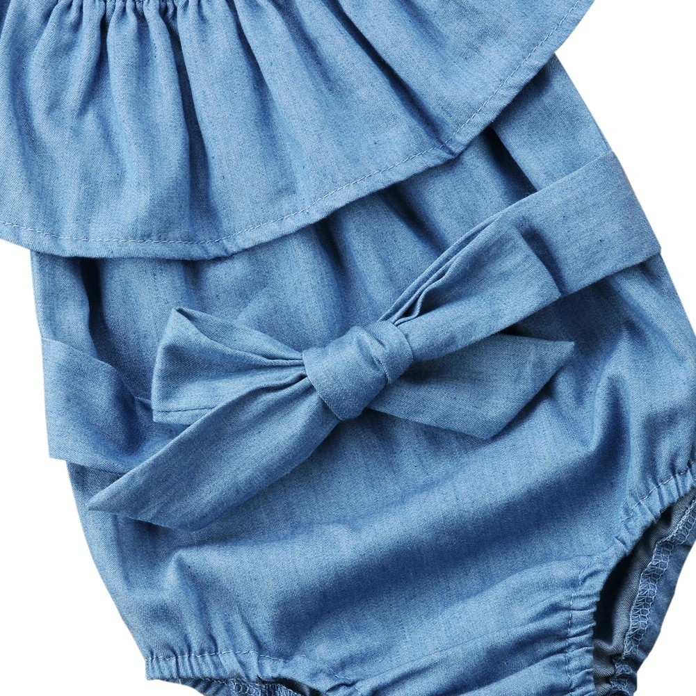 Летний джинсовый комбинезон для новорожденных девочек; Однотонный синий комбинезон без рукавов с бантом и повязкой на голову; 0-24 месяца