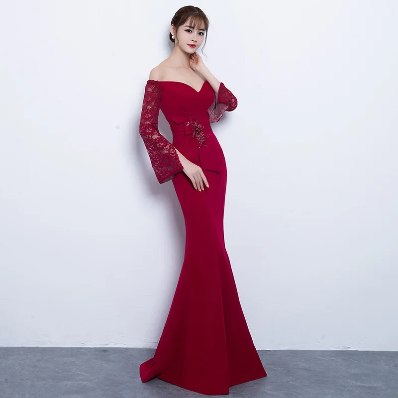 

Elegant Burgundy Lace Evening Dresses 2019 Long Mermaid Full Sleeve Formal Occasion Party Prom Women Dresses