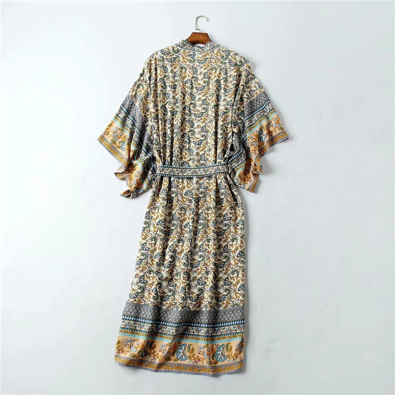Винтажное шикарное женское Цветочное платье с рукавом «летучая мышь», Пляжное богемное платье-кимоно, Дамское Платье с v-образным вырезом и кисточками, летнее платье в стиле бохо, vestidos