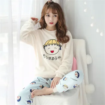 

2020 Autumn Winter Women Warm Flannel Pajama Set Thicken Girl Print Pyjama Set Long Sleeve Sleepwear Set Women