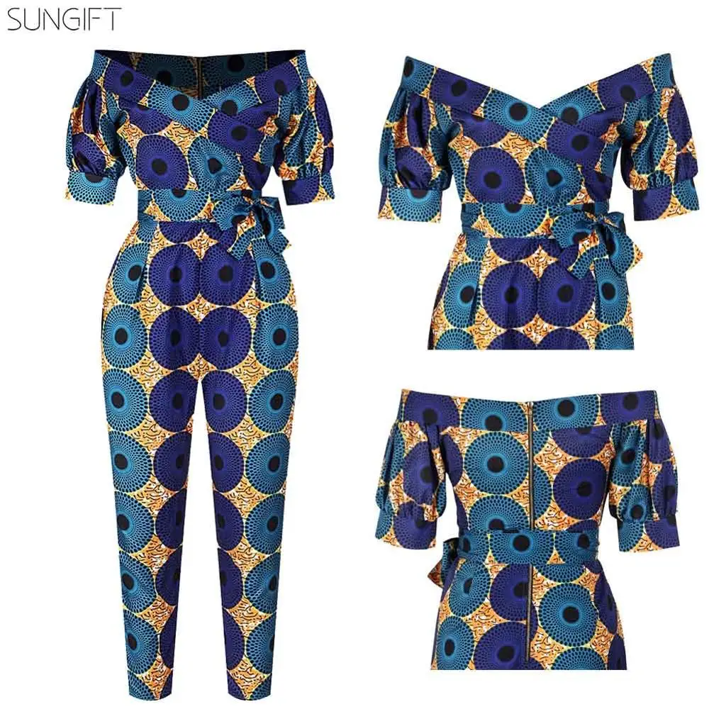 SUNGIFT Дашики Женская африканская одежда с открытыми плечами v-образный вырез комбинезон в полоску геометрический узор Анкара комбинезон на осень