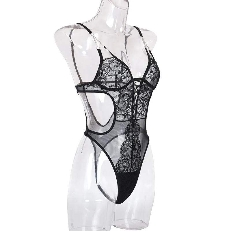 bustier bodysuit Cryptographic Deep V-Neck Plunge Strappy Sheer Sexy Lace Bodysuit Club Female Body See Through Backless Bodysuit Thong Teddy long sleeve bodysuit