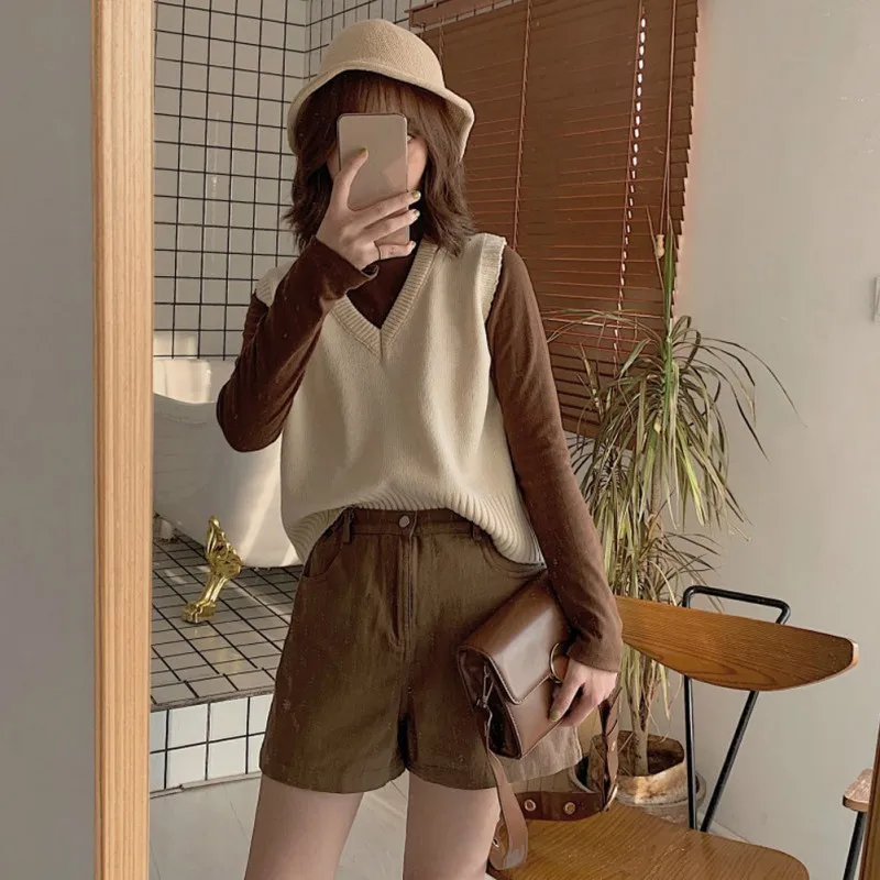 Autumn Sleeveless Sweater Women Sweet Solid Color V Neck Knitted Loose Slim Vest Jumpers Pull Femme Sweaters | Женская одежда
