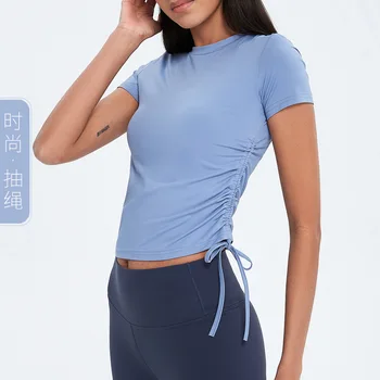 Women Solid Color Short Sleeve Yoga Shirt Side Drawstring Quick Dry Sport T Shirt Running