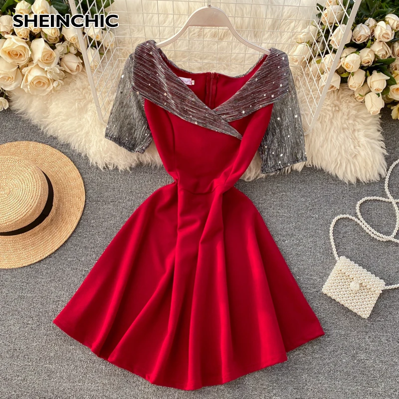 Runway Designer Sexy V-neck See Through Short Sleeve Women Mini Dress 2020 Spring Summer Bright Silk Club Party Female | Женская одежда