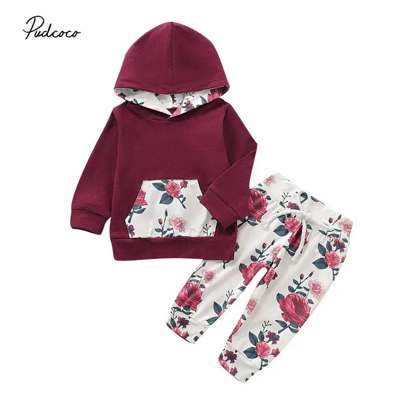 

2019 Baby Spring Autumn Clothing Newborn Kid Baby Girl Rose Printing Hooded Tops Shirts Floral Long Pants 2pcs Outfits Set 0-2T