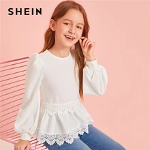 SHEIN Kiddie/Белое однотонное гипюрное кружево для отделки, милая блузка для девочек детские топы года, Осенние Блузы на молнии с пышными рукавами и оборками