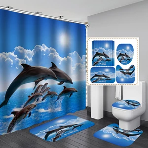3D Ozean Design Delphin Wasserdichtes Gewebe Bad Vorhang Blau Dusche Vorhänge Set Anti-skid Teppiche Wc Deckel Abdeckung Bad matte