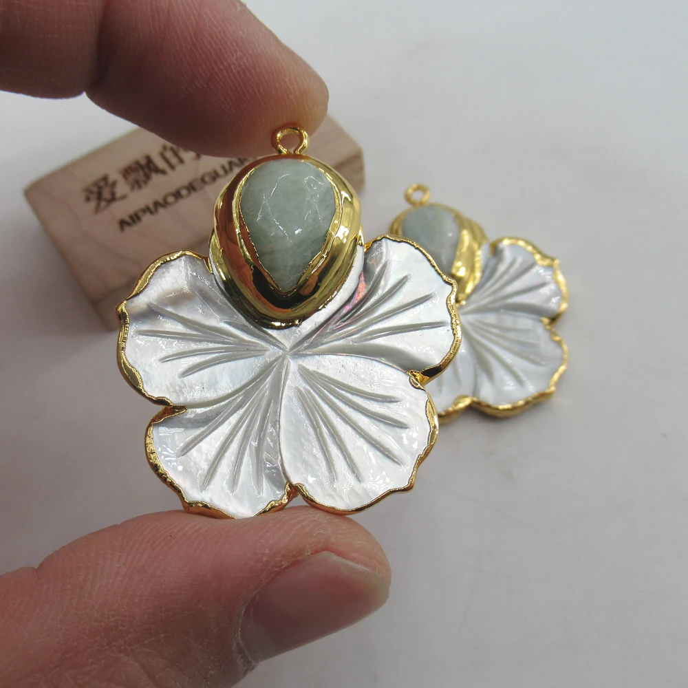 APDGG 1PC Natural Carved White Shell Flower Amazonite Pendant Charm Electroplated woman fashion Jewelry