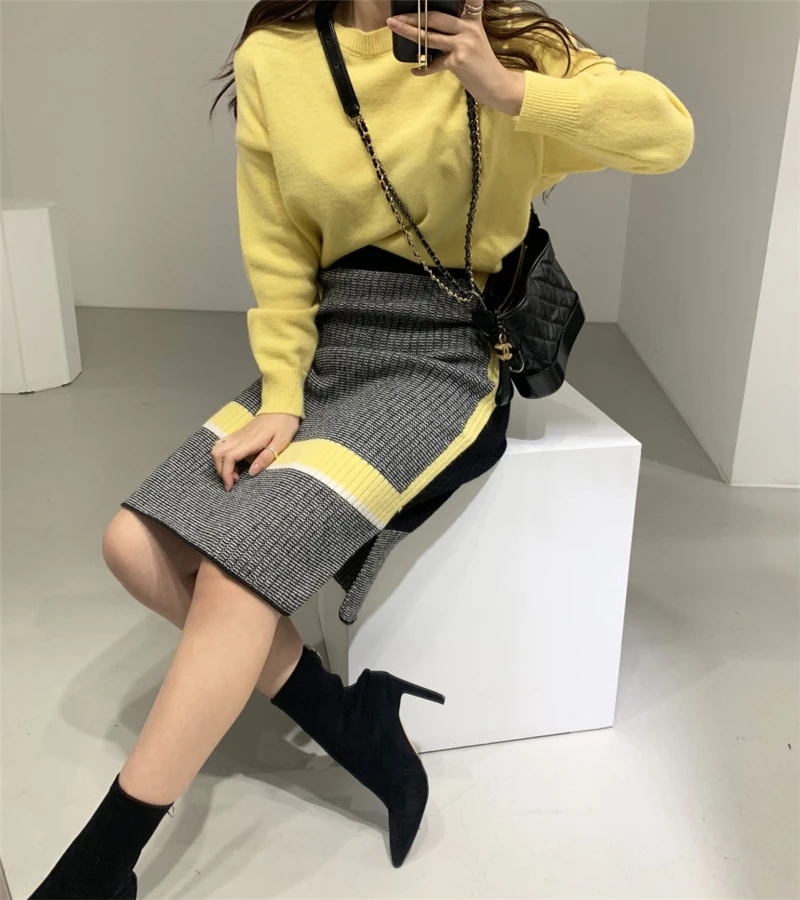 BGTEEVER шикарный Зимний вязаный комплект из 2 предметов Женский пуловер с круглым вырезом и юбка-карандаш женский свитер Набор Повседневный свитер спортивный костюм