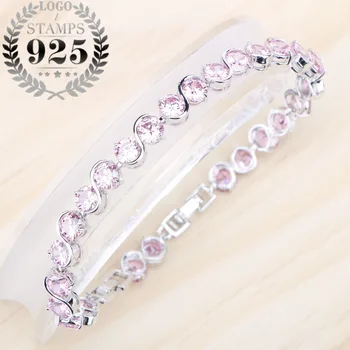 

Ladies Silver 925 Jewelry Bracelet For Women Cute Round Pink Cubic Zirconia Stones Free Gift Box