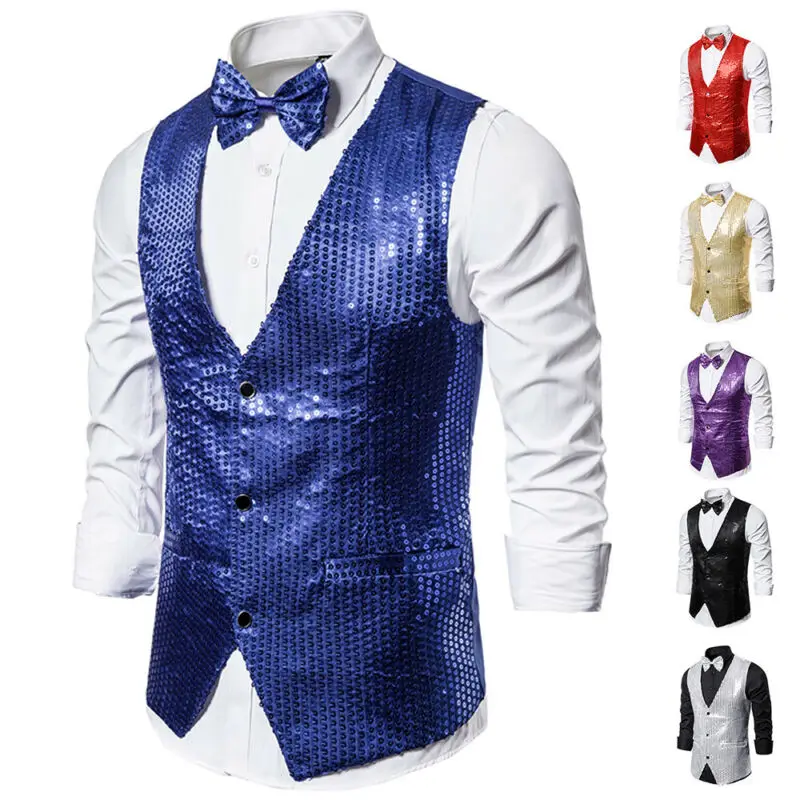Stylish Men&rsquo;s Blazer Vest Coat Formal Slim Shiny Sequin Glitter Embellished Blazer Jacket Sequin Party Stage Coat cotton vest dress vests