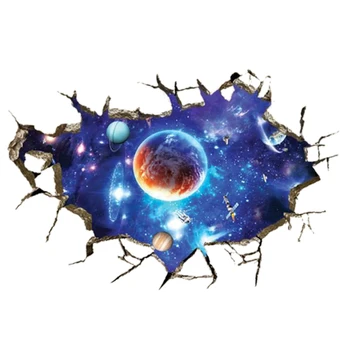 

3D Breaking Wall with space, planet, Wall stickers for living room ceiling decoration stickers