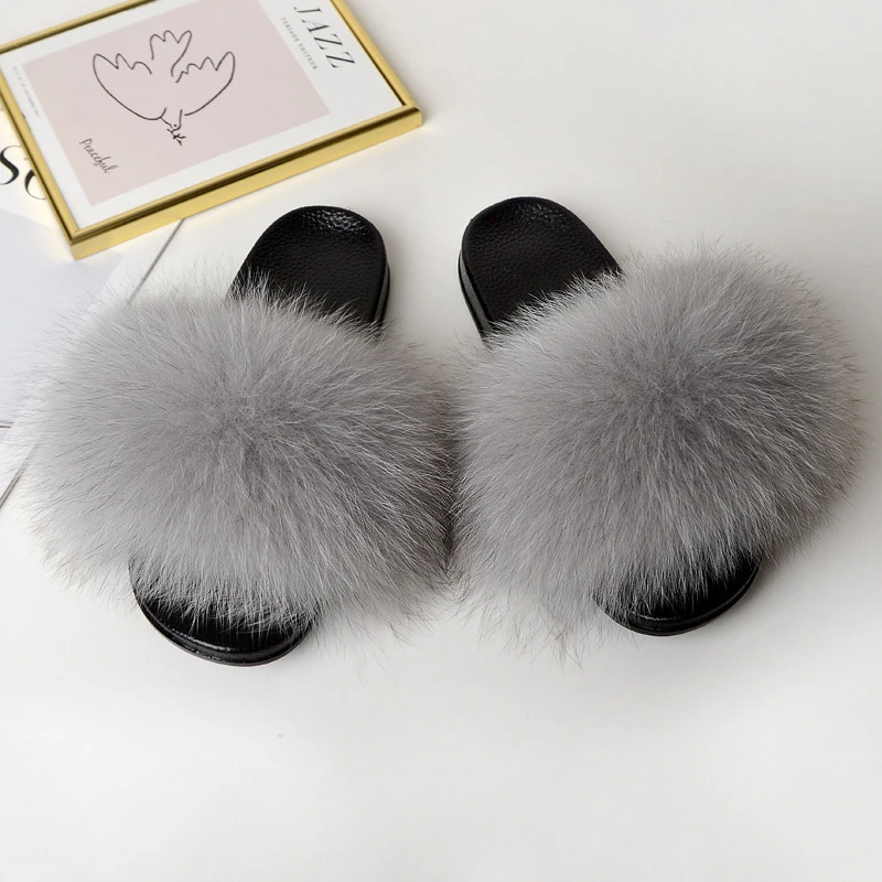 

Summer Fluffy Shoes Raccoon Fur Slippers Women Real Fox Fur Flip Flop Flat Furry Fur Slides Outdoor Sandals Woman Amazing Shoes