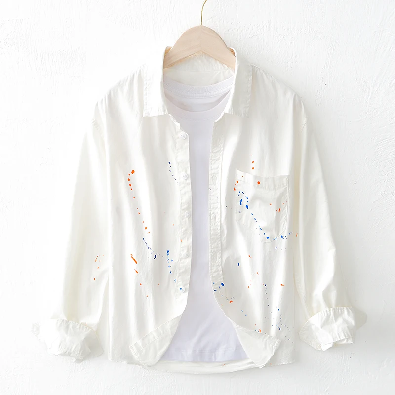 

New Designer Long-sleeved Casual Painting Color White Cotton Brand Shirts For Men Fashion Tops Clothes Camisa Masculina Chemise