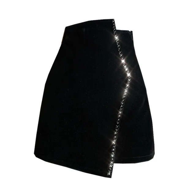 Ins CHIC Europe French Irregular Velvet Hand Bead Rhinestone Woman Velour Mini Skirt High Waist Bodycon Lady Bottom Black Winter Black