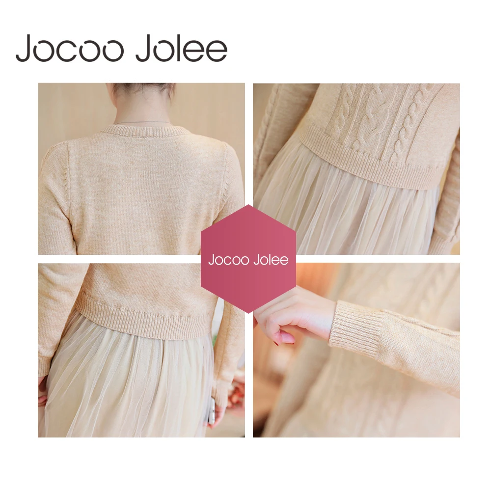 Jocoo Jolee элегантное женское корейское трикотажное платье женское осеннее с длинным рукавом и круглым вырезом высокоэластичное лоскутное платье свитер с сеточкой миди платье