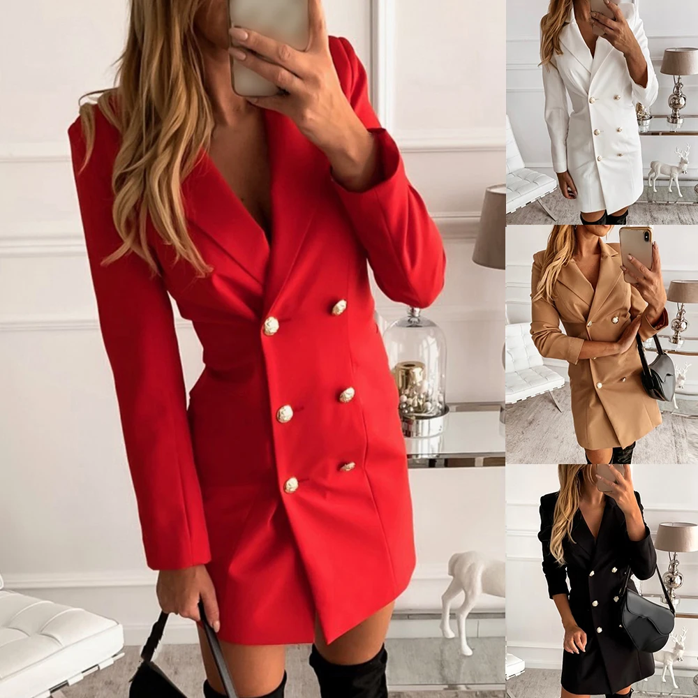 HEFLASHOR Office Blazer Dress Womens Notched Collar Button A-Line Mini Dresses female Spring Long Sleeve Solid Party | Женская одежда