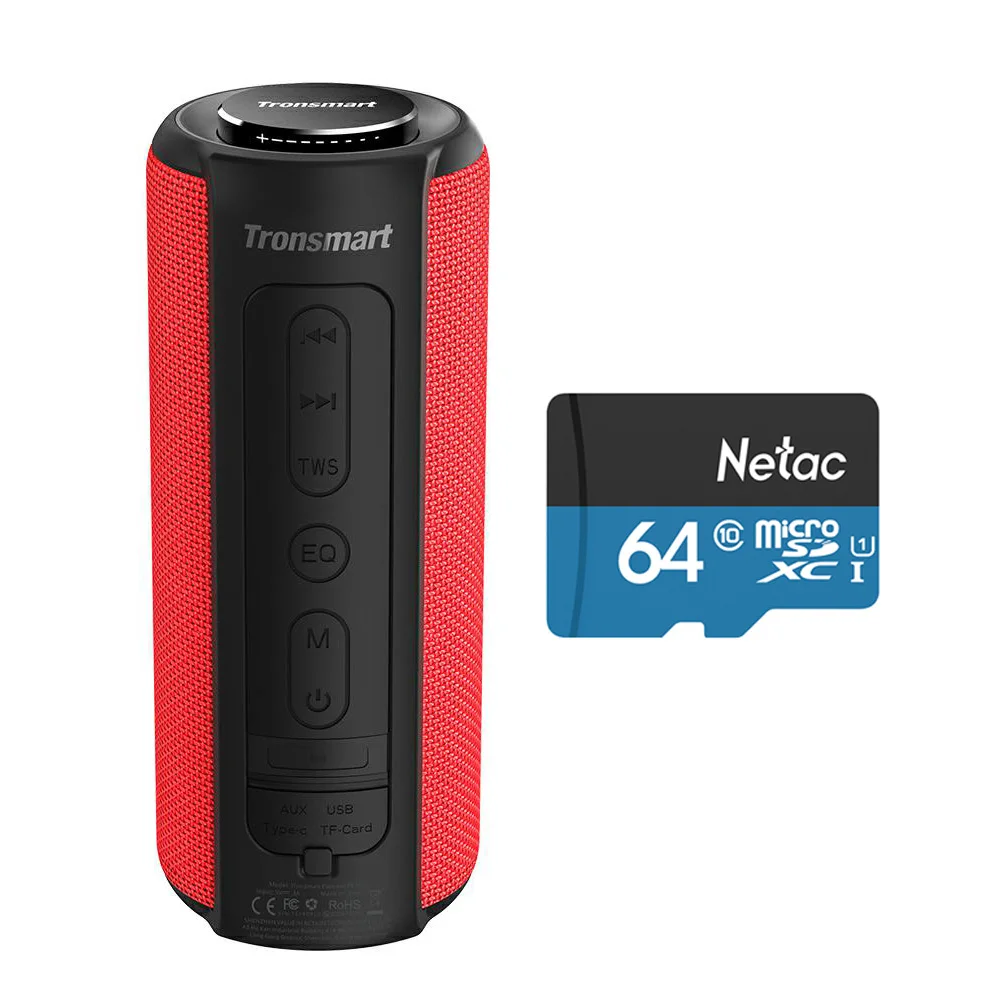 red add 64g card 【SD TF карта】tronsmart T6 Plus Bluetooth динамик 40 Вт TWS портативный динамик глубокий бас Саундбар IPX6 Водонепроницаемый 15 часов мини колонка - Цвет: red add 64g card
