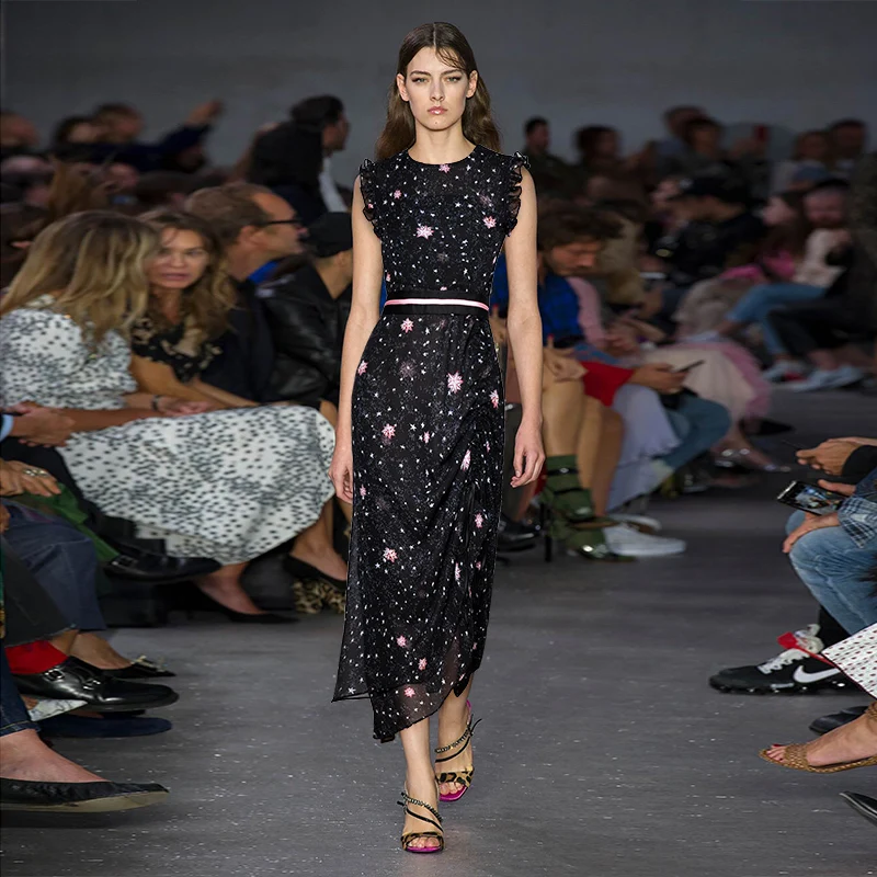 

2020 New Summer Women Black Straight Bandage Dress Vestido Sexy Ruffles Printed Sleeveless Club Celebrity Runway Party Dresses