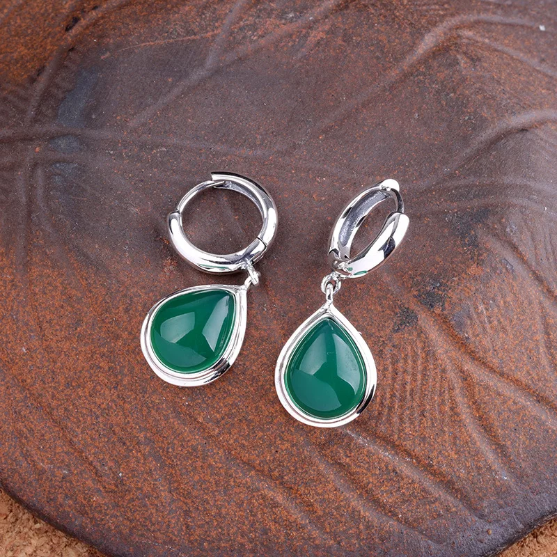 100% 925 Sterling Silver retro Feng Shui drop shaped green jade earrings