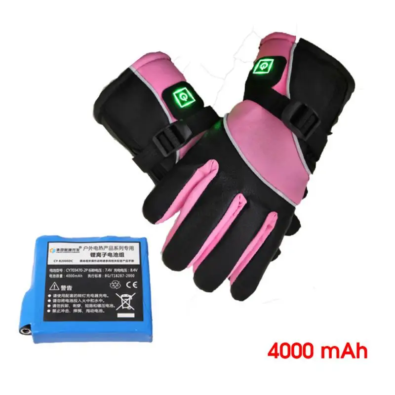 USB литиевая батарея переключатель зарядки электрические перчатки прочные зимние уличные спортивные лыжные Сноубординг теплые перчатки с подогревом - Цвет: Pink 4000mah