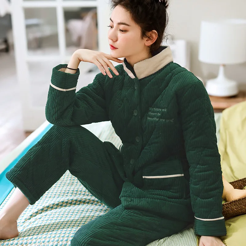 

Winter Three-layer Cotton Mink Ladies Pajamas Can Be Worn Outside Flannel Collar Home Clothing Padded Warm Suit Pajama Set